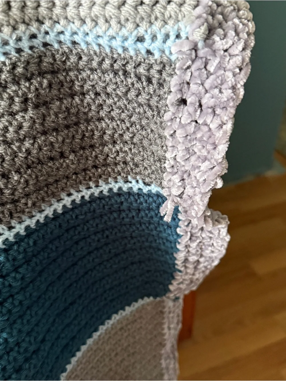 Handmade Crochet Striped Blanket Velvet Trim 48x60